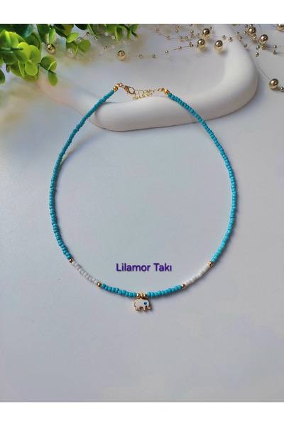 Lilamor Blue and White Color Elephant Detailed Beaded Necklace