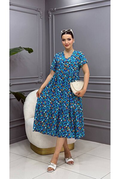 Cannes فستان نسائي أزرق بأكمام قصيرة وياقة على شكل حرف V ونقشة زهور