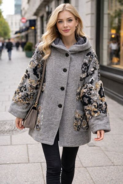 EREN STYLE Italian Hooded Embossed Floral Lined Wool Felt Coat (Sizes 36-48)