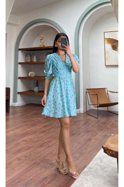 MY GRS KISA ÇİÇEKLİ DRAPELİ VİSKON ELBİSE