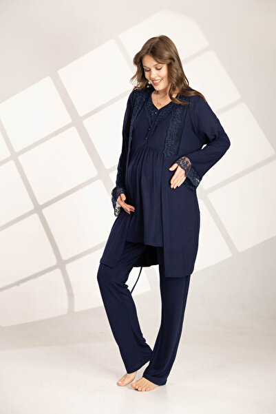 Rimel Homewear Kadın Lacivert Dantelli Lohusa Seti - 3'lü Hamile Emzirme Pija...