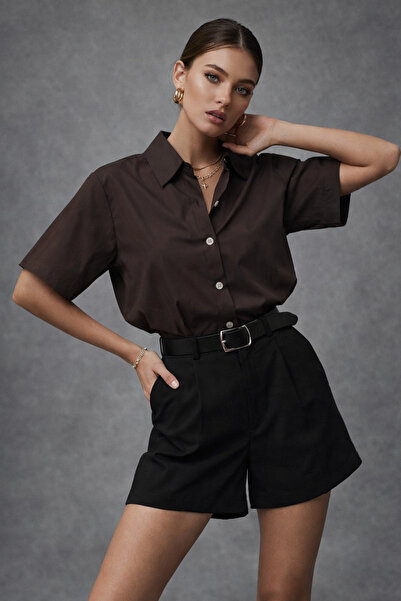 Rich Women's Brown Short Sleeve Oversize Short Shirt