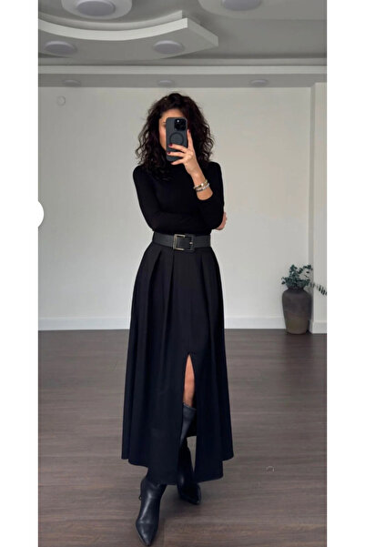 Somut istanbul Belted Midi Length Slit Skirt with Pleated Detail - Black