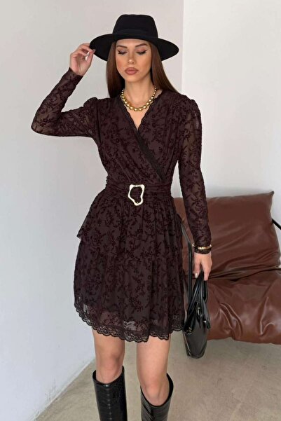 ZISHAN Women's Black/Coffee Lace Detailed Double Breasted Collar Belted Styli...