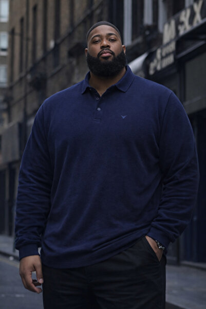 Maccali Men's Plus Size Basic Polo Navy Blue Long Sleeve T-Shirt