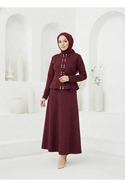 Foremia Sıra Snap Fastener Skirt Suit-Burgundy