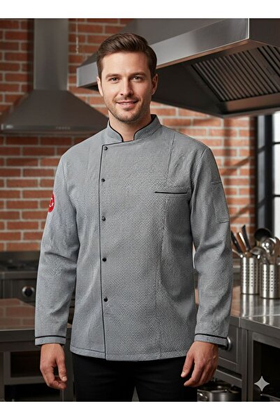 AYFORMA Gri siyah kareli siyah biyeli hakim yaka aşçı ceketi