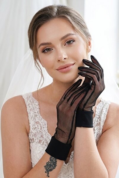 Hobigram Velvet Noir Stripe Detailed Tulle Ankle-Length Bridal Gloves |   Mod...