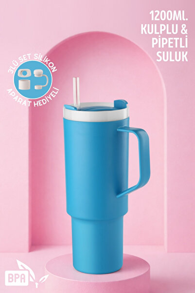Nandy Home Büyük Boy, Kulplu ve Pipetli 1200Ml. Suluk & Matara - Silikon Apar...
