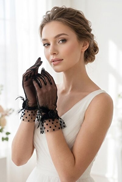 Hobigram Noir Poème Polka Dot Tulle Ankle Length Bridal Gloves |   Special De...
