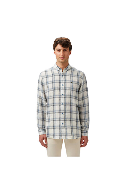 Lacoste Men's Regular Fit Plaid Linen Dark Blue Shirt
