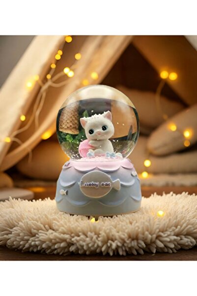 AYLİS Sevimli Şanslı Kedi Figürlü LED Işıklı Müzikli Kar Küresi