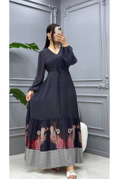 Cannes Women's V-Neck, Lace-Up Waist, Embroidered Patterned Gray Long Dress