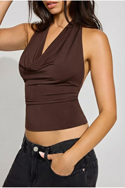 World Fashion Trends 9074 Brown Halter Neck Crop Top Bodysuit with Lacing