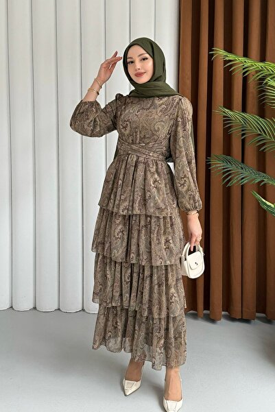 Modaensarbutik Etnik Desen Şifon Tesettür Elbise-HAKİ YEŞİL