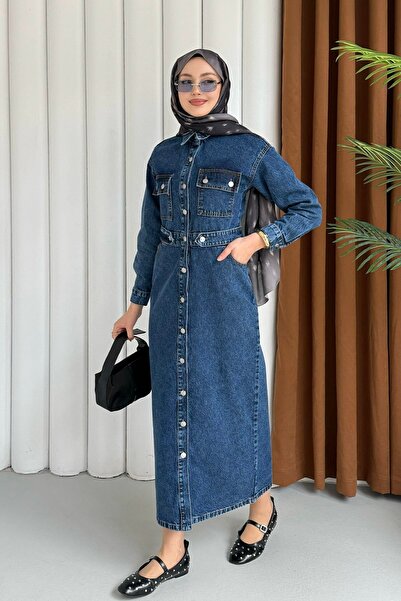 Modaensarbutik Beli Gipeli Önden Düğmeli Denim Tesettür Elbise-AÇIK MAVİ