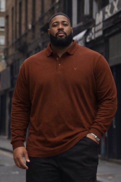 Maccali Men's Plus Size Basic Polo Tile Long Sleeve T-Shirt