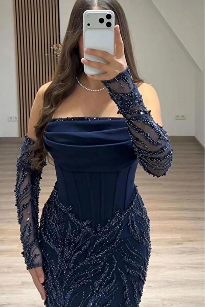 Genenic فستان كحلي بأكمام سهرة انيق