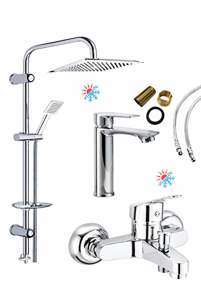 MUSLUQ 3'lü Full Lüx Set Robot - Sabit Banyo Lavabo Bataryası - krom Banyo Du...