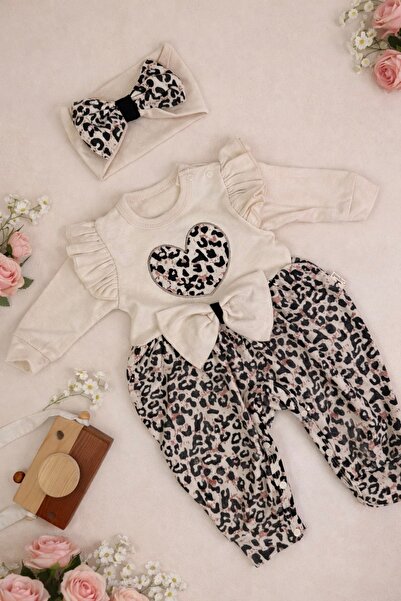 Babexi Bandanalı Leopar Desenli Kız Bebek Tulum