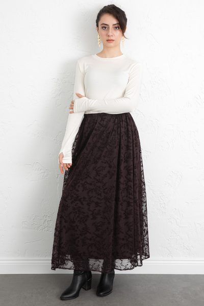 Salih Çelebi Floral Patterned Tulle Skirt 0085 - Brown