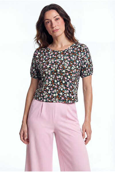 WESTMARK LONDON Kadın Bisiklet Yaka Kısa Kollu Desenli Çok Renkli Crop Üst CA...