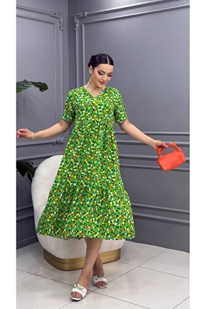 Cannes فستان نسائي أخضر بأكمام قصيرة وياقة على شكل حرف V ونقشة زهور