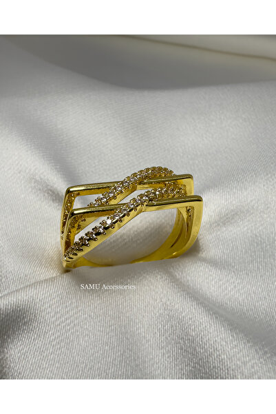 Samu Accessories خاتم فولاذي هندسي قابل للتعديل مرصع بالأحجار - خاتم ذهبي هند...