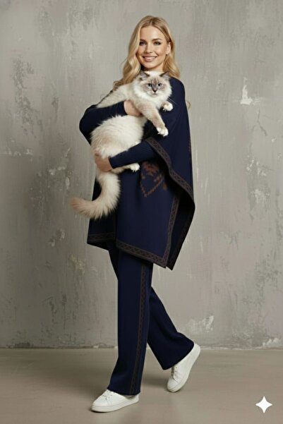 NERM Patterned Poncho Pants Bady 3-Piece Knitwear Set