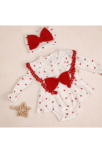 ASİLA Kalp Desenli Bandanalı Kırmızı Kız Bebek Tulum