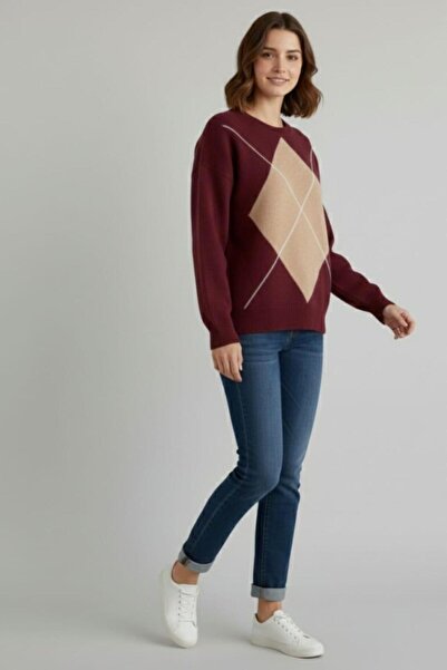 Cockatoo Women's Crew Neck Diamond Patterned Trendy Sweater Claret Red / Brown