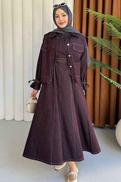 Modaensarbutik Dikiş Detaylı Ceketli Denim Tesettür Elbise-BORDO