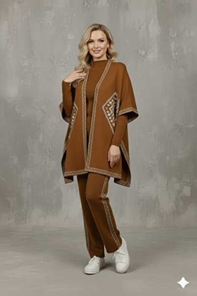NERM Patterned Poncho Pants Bady 3-Piece Knitwear Set