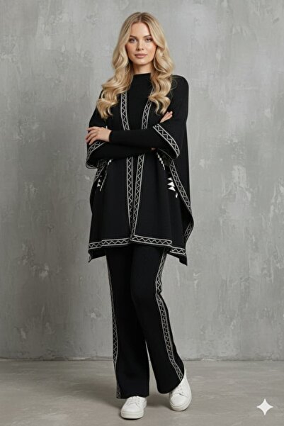 NERM Patterned Poncho Pants Bady 3-Piece Knitwear Set