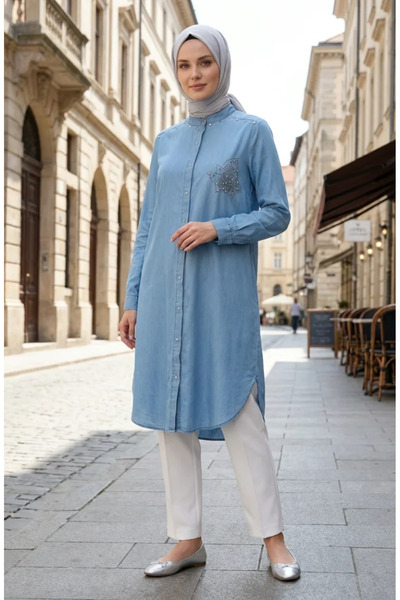 sefamerve Tencel Fabric Hidden Button Denim Tunic 3112-02 Light Blue