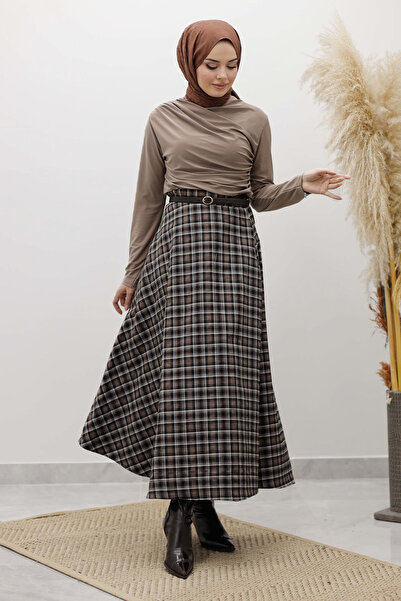 Tesettür Dünyası Plaid Skirt Tsd260102 Dark Brown