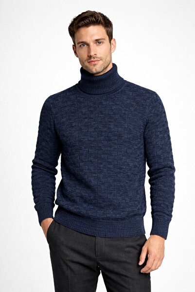Edwox Men's Turtleneck Sweater Navy Blue Edw441