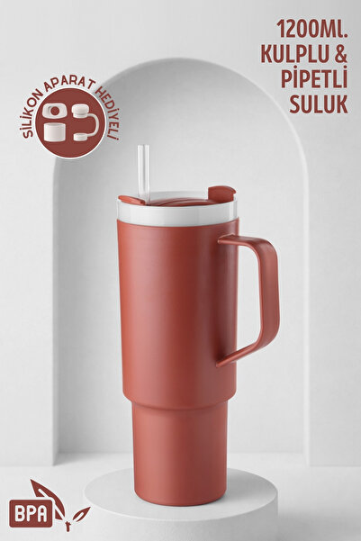 Nandy Home Büyük Boy, Kulplu ve Pipetli 1200Ml. Suluk & Matara - Silikon Apar...