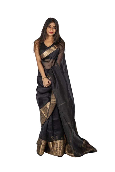 MYSMAR ساري أسود من قماش الجاكار أورجينزا - FFT6622 | أسود