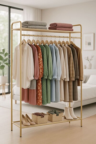 Imperial Star Metal Elbise Askılığı ve Ayakkabılık Raflı Giyim Askısı Gold