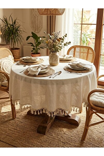 LILYUM %100 Pamuk Püskül Detaylı Yuvarlak Ham Keten Bohem Masa Örtüsü