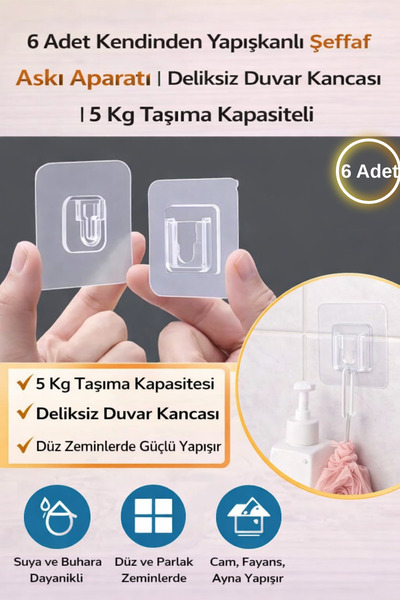 Hane Dostu 6 Adet Kendinden Yapışkanlı Şeffaf Askı Aparatı | Deliksiz Duvar K...