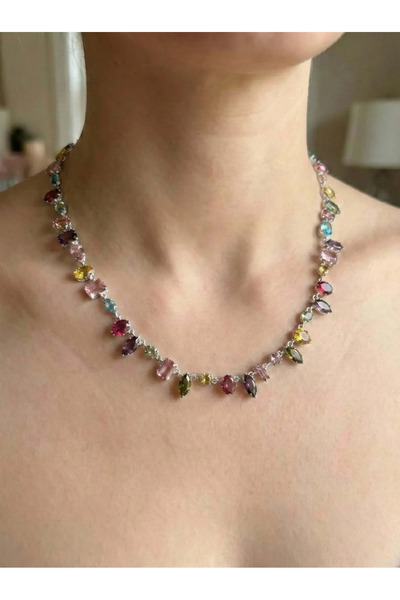 GAMBU Renkli Zirkon Taşlı Karışık Kesim Modern Suyolu Kolye