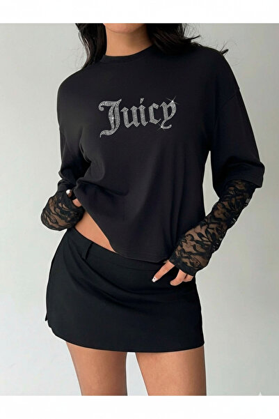 Bozz&Bozz Collection Unisex Oversize Crystal Stone Print Juicy Lace Sleeve Ro...