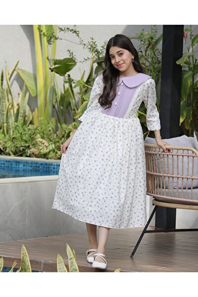 Totikids Girls' purple floral dress with embroidered tiered bodice and button...