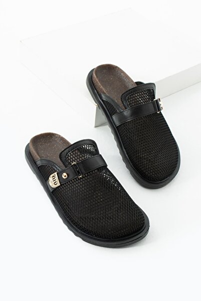 diclepolat Women's Black Mesh Detailed Buckle Sabo Slippers Soft Sole Helios
