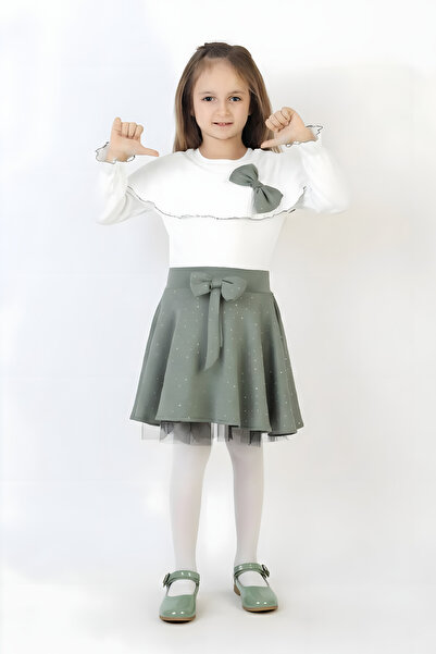 MODANINO Girl's 2-Piece Dress Stone Decorated Skirt + Shawl Collar Blouse wit...