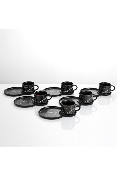 Malooki Set of 6 porcelain coffee cups with double snack saucers, 180 ml - Black