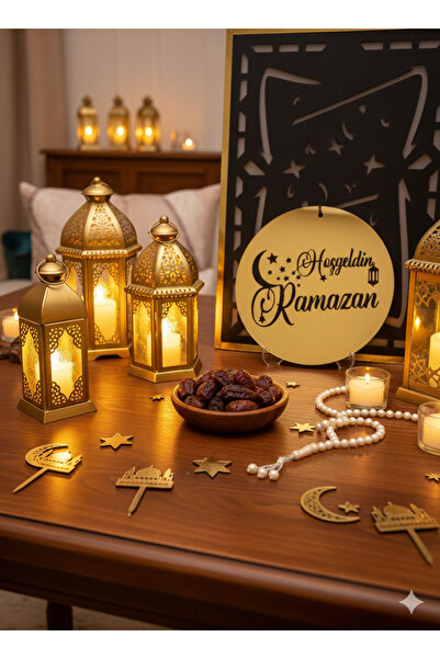 Alaa Butik Online Hoş Geldin Ramazan Altın Pleksi Ahşap Katmanlı Yuvarlak Dek...