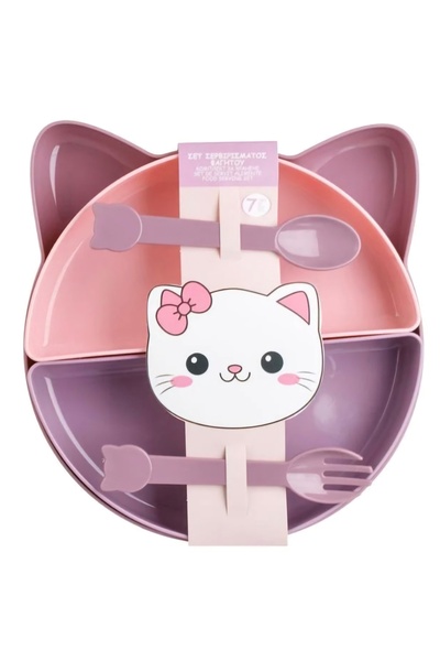 idem Tableware Set with Fork & Spoon Cat Pattern Pink Purple - 7 pieces